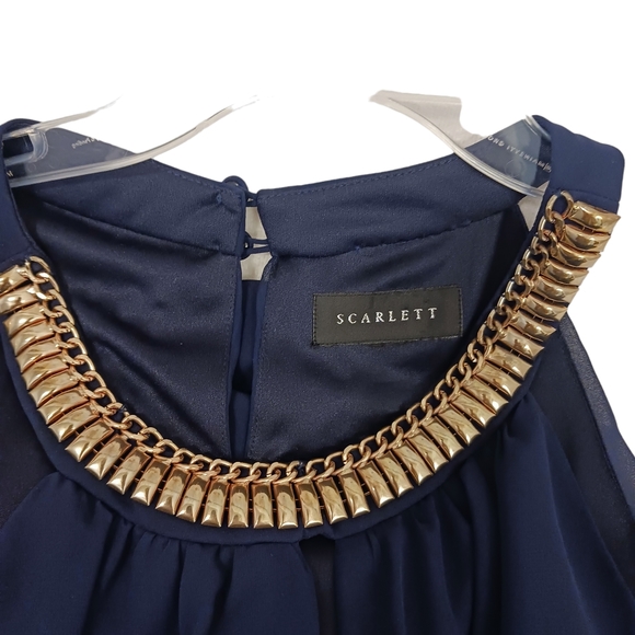 SCARLETT Cocktail Dress Sz 16 NAVY BLUE  GOLD CHAIN Neckline Sleeveless Keyhole - Picture 8 of 16